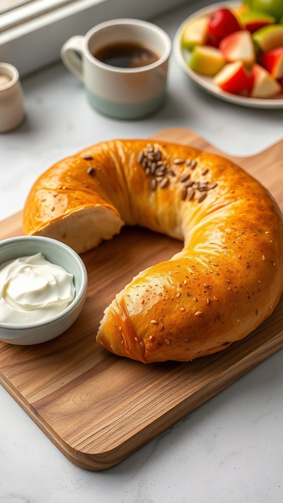 Single Serving Greek Yogurt Bagel Recipe A golden brown Greek yogurt bagel sliced in half, served with cream cheese and sesame seeds on a wooden board.